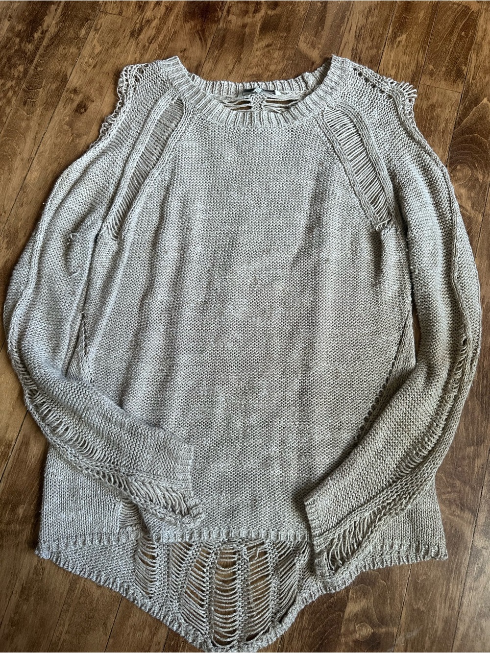 BKE Open-Knit Distressed Crewneck Sweater - Light Gray